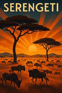 Serengeti Art Deco Poster - Goldener Savannen-Sonnenuntergang mit Wildtieren