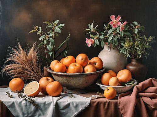 Stilleven met sinasappels en een bloem