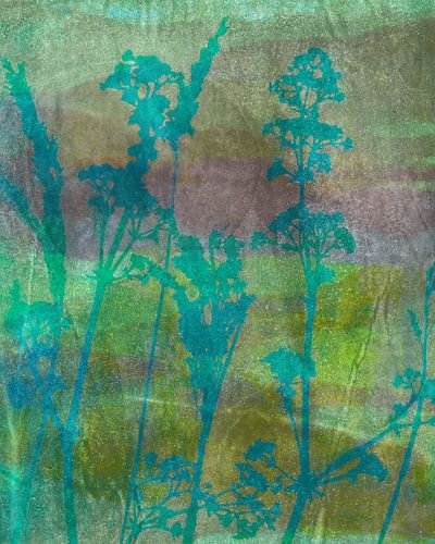 Modern abstract botanisch. Weidebloemen in groen, blauw en paars
