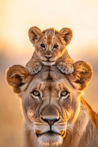 Löwin mit Jungtier von Poster Art Shop