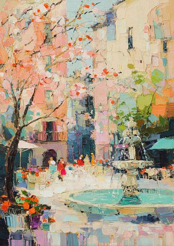 Stadsfontein met kersenbloesems