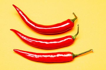 Rote Chilischoten auf gelber Fläche von Alexander Baumann