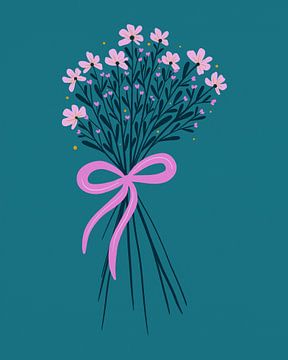 Boeket bloemen met lint - turquoise en roze van Angela Minca