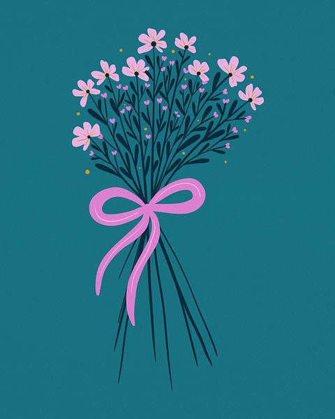 Blumenstrauß mit Schleife - türkis und rosa von Angela Minca auf ArtFrame, Leinwand, Poster und mehr