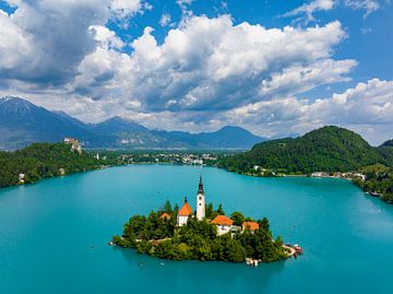 Het meer van Bled met het eiland Bled in Slovenië tijdens de lente