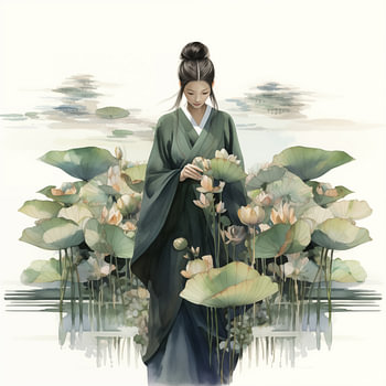 Meisje tussen de bloemen (Japanse stijl)