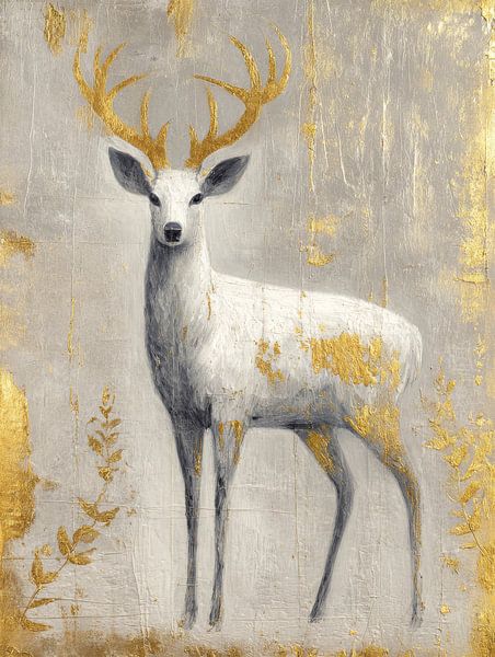 White deer with golden antlers in elegant painting style with sophisticated metallic accents by But First Framing