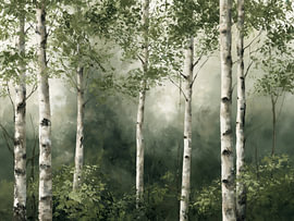 Nebelverhangener Birkenwald