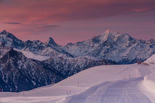 Alpenglow during sunrise in winter on the Valais Matterhorn on the Fiescheralp. by Martin Steiner