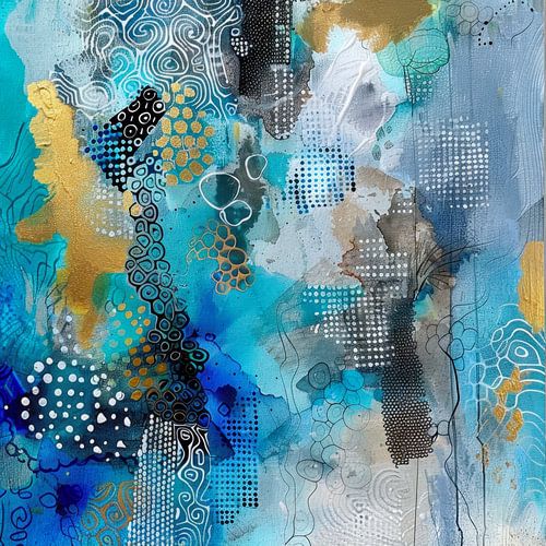 Abstract, schilderij, Blauw, wit en goud - Golven van Sereniteit
