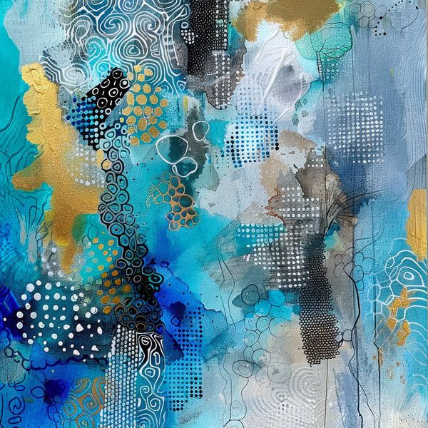 Abstract, schilderij, Blauw, wit en goud - Golven van Sereniteit van Joriali Abstract