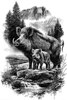 Wild Boar Family Detailed Vintage Line Art
