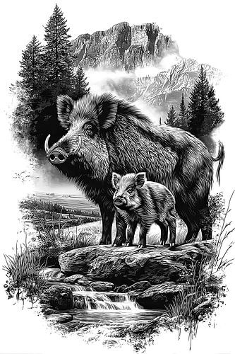 Dessin au trait vintage détaillé représentant une famille de sangliers