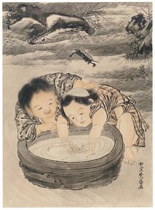Kawanabe Kyōsai - Zwei Kinder, die mit Goldfischen spielen