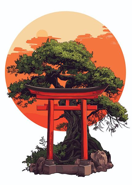 Torii devant un bonsaï au coucher du soleil par Pixelbull Design