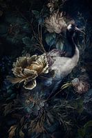 Donkere kraanvogel met bloemen