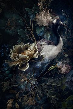 Donkere kraanvogel met bloemen