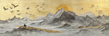 Abstract golden mountains with birds and man on horseback in Oriental atmosphere by Digitale Schilderijen