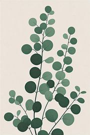 Minimalistische botanische Illustration von Eukalyptusblättern im „Silver Dollar“-Stil auf beigem Hintergrund von VICTOR S