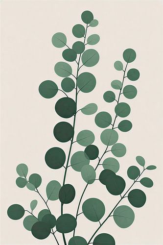 Minimalistische botanische Illustration von Eukalyptusblättern im „Silver Dollar“-Stil auf beigem Hintergrund
