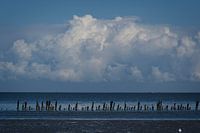 Houten palen in diepblauw water onder imposante wolk