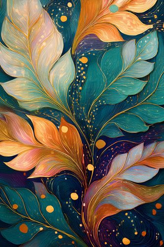 Behang met structuur en bladeren in groen en goud