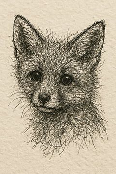 Draad portret jonge vos (babykamer tekening schets line art schattig lief bos dier neutrale kleuren)