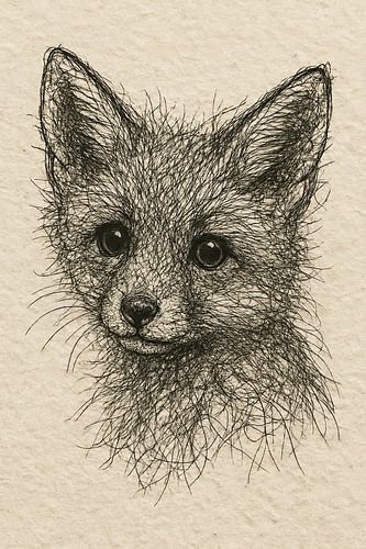 Draad portret jonge vos (babykamer tekening schets line art schattig lief bos dier neutrale kleuren)