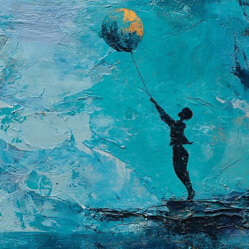 Surreales Kunstwerk, das einen emotionalen Kampf darstellt: Ein Mensch, der in einer schmerzhaften Aufstiegsszene von einem Ballon emporgehoben wird