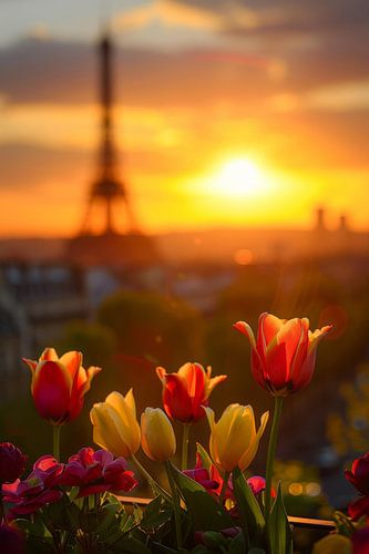 Zonsondergang boven Parijs met bloemen