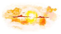 Sunset. Bird above the clouds.
