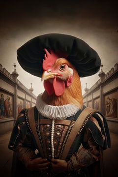 Portrait chicken in history costume by Ellen Van Loon