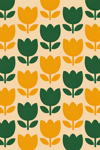 Retro Tulpenpatroon in Groen en Geel Poster