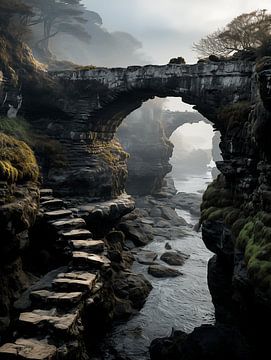 Klippenlandschaft, einsame Treppe im Nebel von Stephanie Lenk - Feldmeth