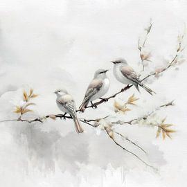 Sereen Schilderij: Vogels op tak met bloesem in Japandi stijl van Studio Pieternel