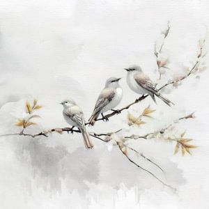 Japandi-Sternen. Vögel auf Zweig mit Blüte -2