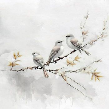 Sereen Schilderij: Vogels op tak met bloesem in Japandi stijl