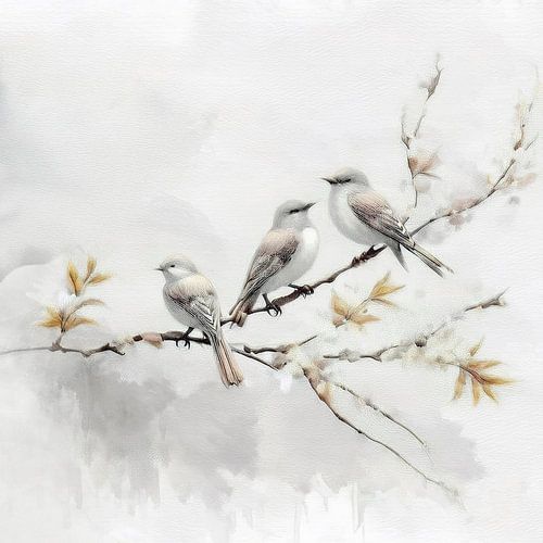 Japandi-Sternen. Vögel auf Zweig mit Blüte -2