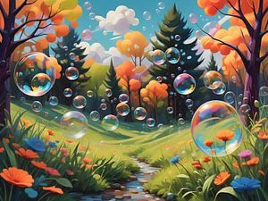 Les bulles de savon dansent dans le paysage