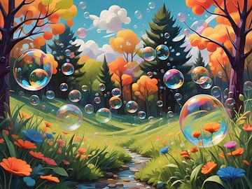 Zeepbellen dansen in landschap