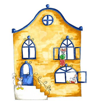 Watercolor illustration of house full with mice by Ivonne Wierink