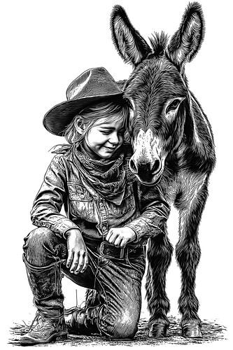 Cowboy Kid & Donkey Detailed Vintage Line Art