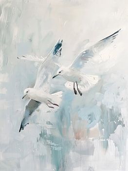 Flug der Möwen in Blau- und Grautönen