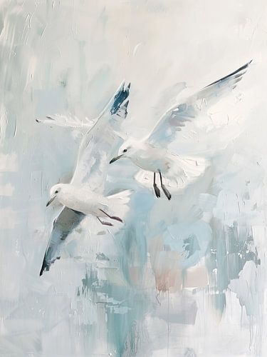 Vol de mouettes en nuances de bleu et de gris