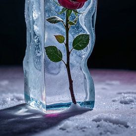 Block of ice with frozen red roses by Liona Toussaint