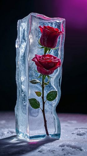 Block of ice with frozen red roses