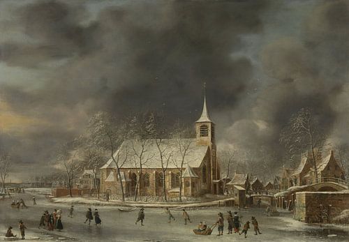 Gezicht op de kerk te Sloten in de winter