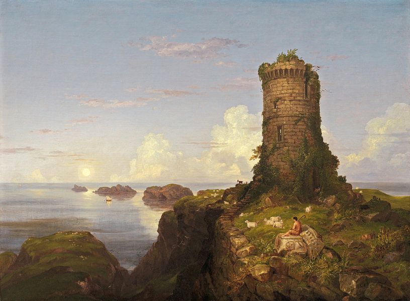 Italienische Küstenszene mit Turmruine, Thomas Cole von Meesterlijcke Meesters