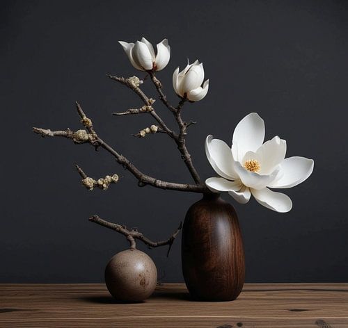 A wooden vase with magnolia.