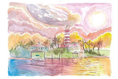Incredible Sunset of Caribbean Lighthouse and Town on Abaco Islands Ba